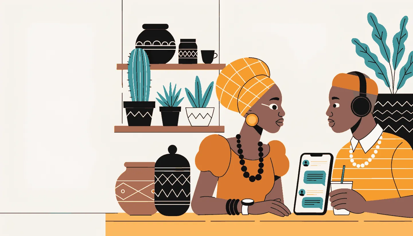 Nigerian shop owner having a friendly conversation with a customer about payment