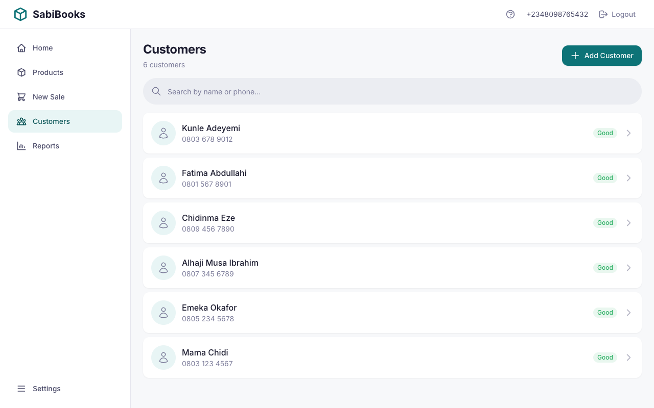 SabiBooks customer list showing 6 customers with credit status