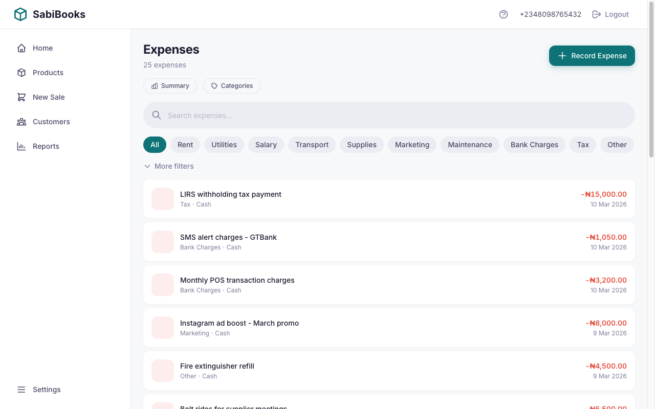SabiBooks expense tracker showing categorized business expenses in Nigerian Naira
