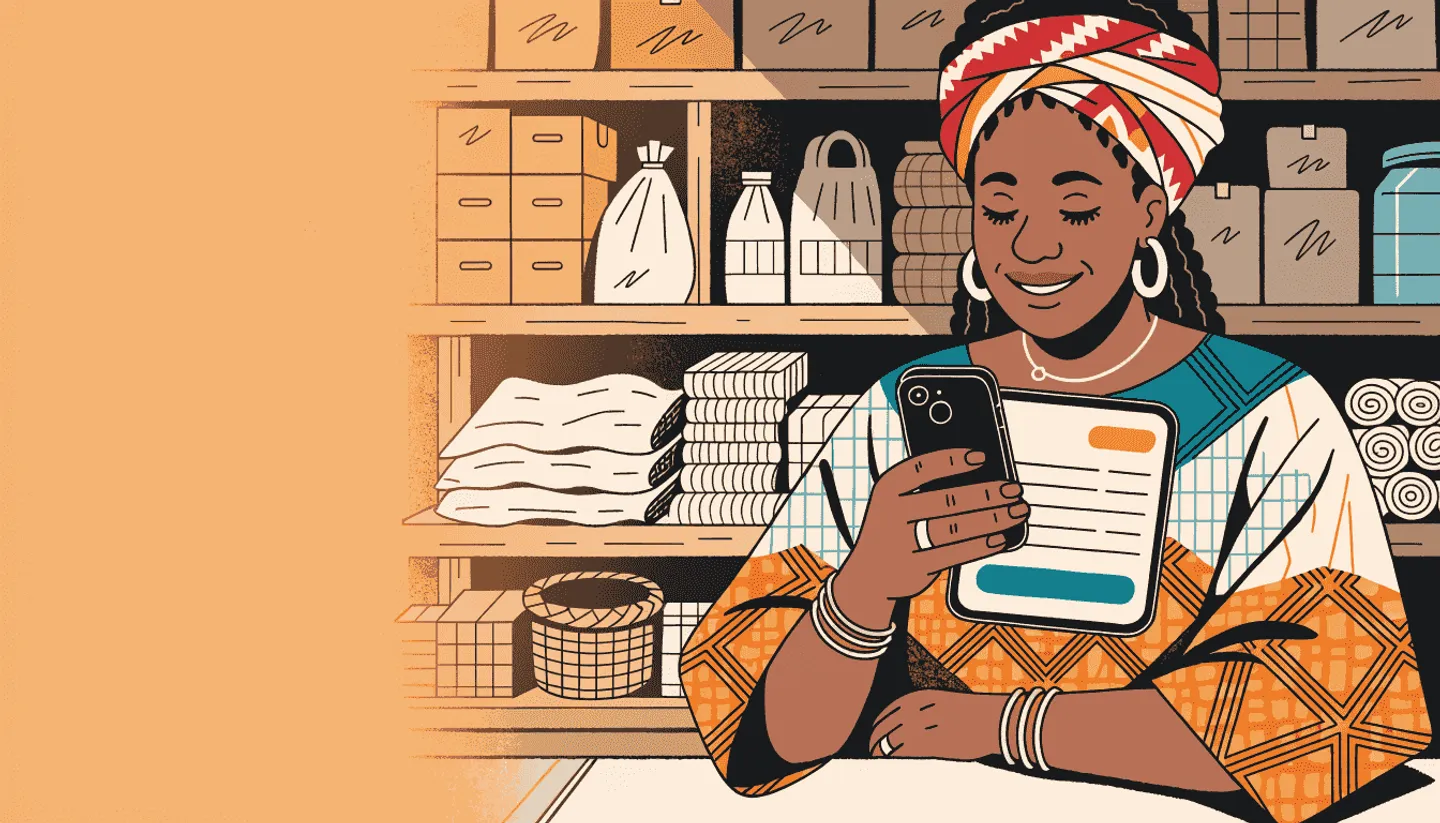 Nigerian shop owner smiling at her phone behind her provision-store counter, sharing an invoice