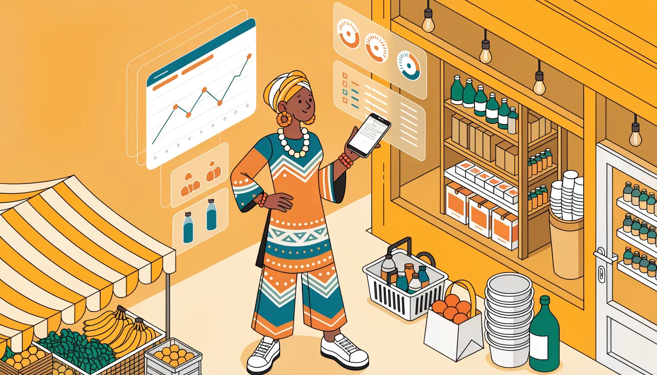 Nigerian business owner managing her shop with SabiBooks on a tablet