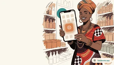 Nigerian shop owner holding her phone with the SabiBooks app installed on the home screen