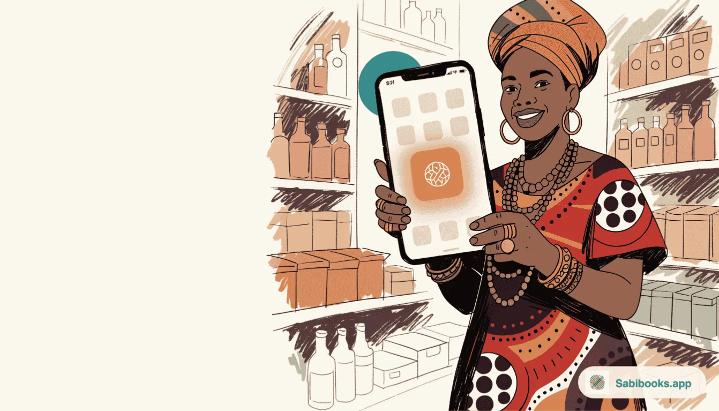 Nigerian shop owner holding her phone with the SabiBooks app installed on the home screen