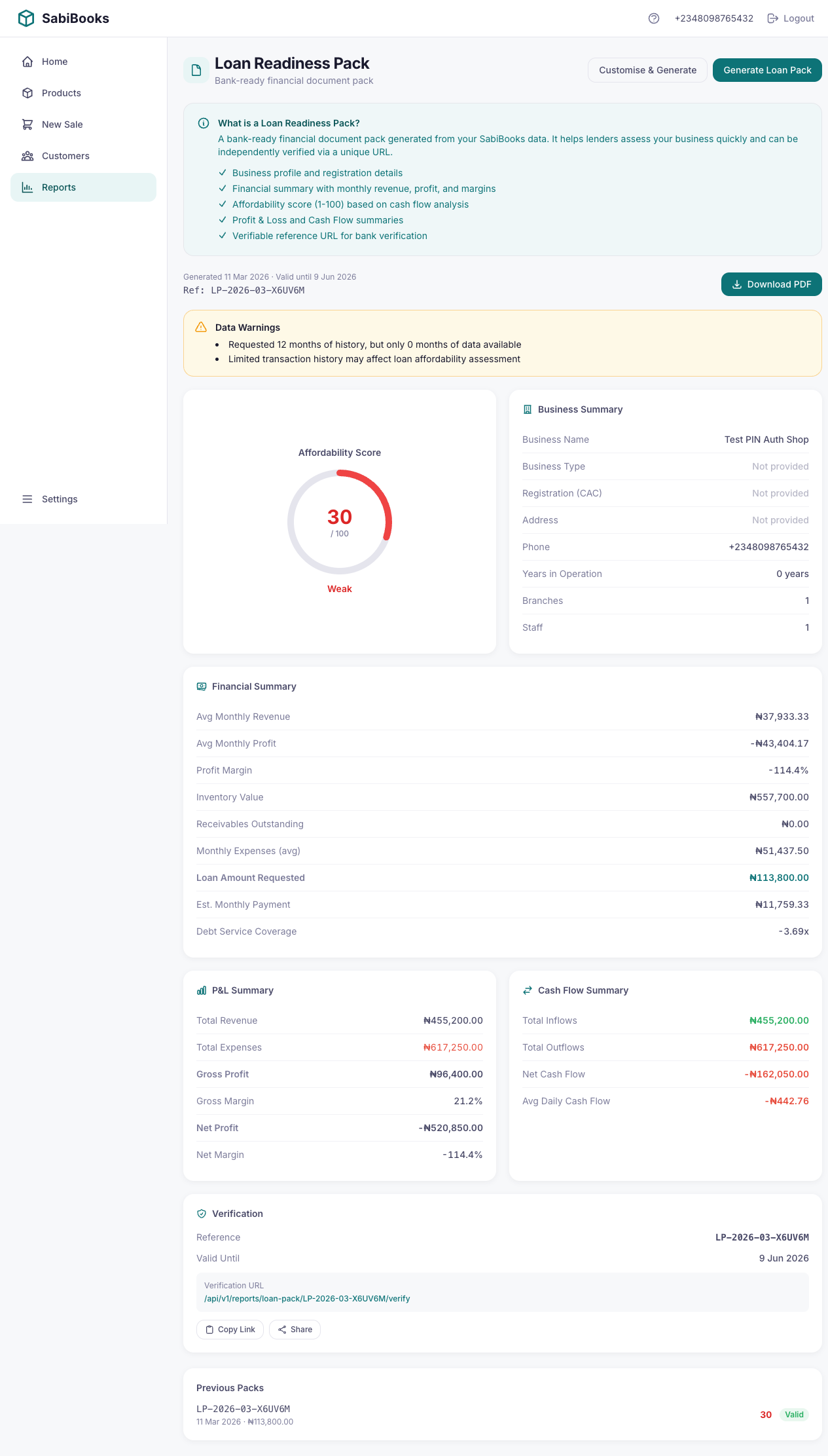 SabiBooks loan pack generator showing bank-ready financial documents for Nigerian SMEs