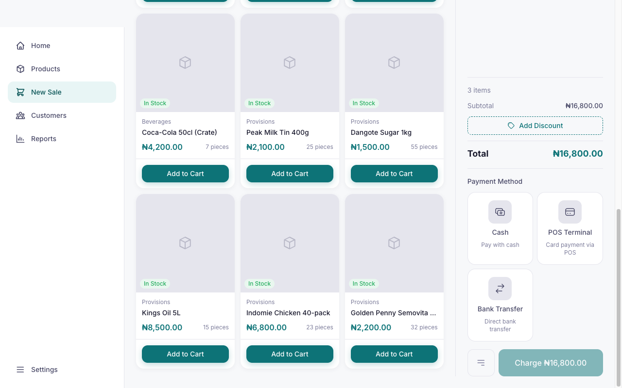 SabiBooks POS showing cart with Nigerian products and payment options
