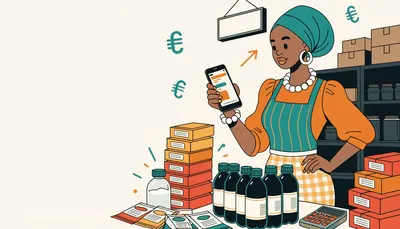 Nigerian shop owner at a counter with products and a calculator, setting prices