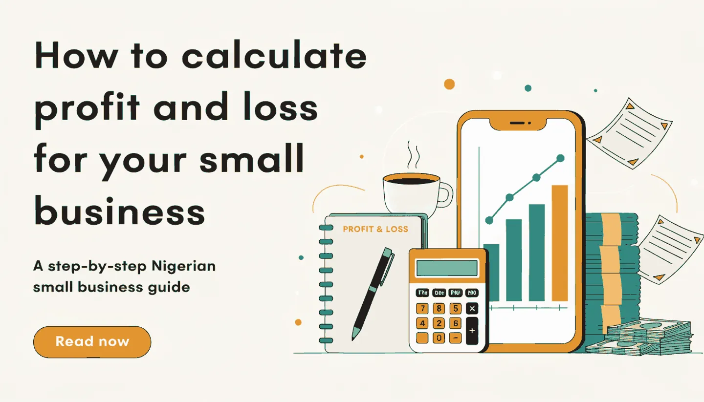 Nigerian shop owner calculating profit and loss with a calculator and notebook