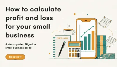 Nigerian shop owner calculating profit and loss with a calculator and notebook