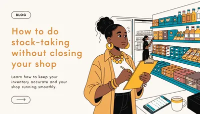 Shop owner counting inventory items on shelves with a clipboard